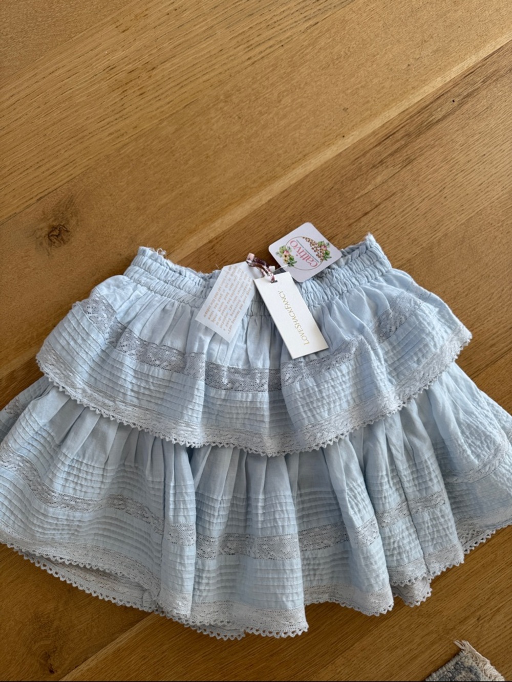LoveShackFancy Pale Blue Tiered Ruffle Skirt